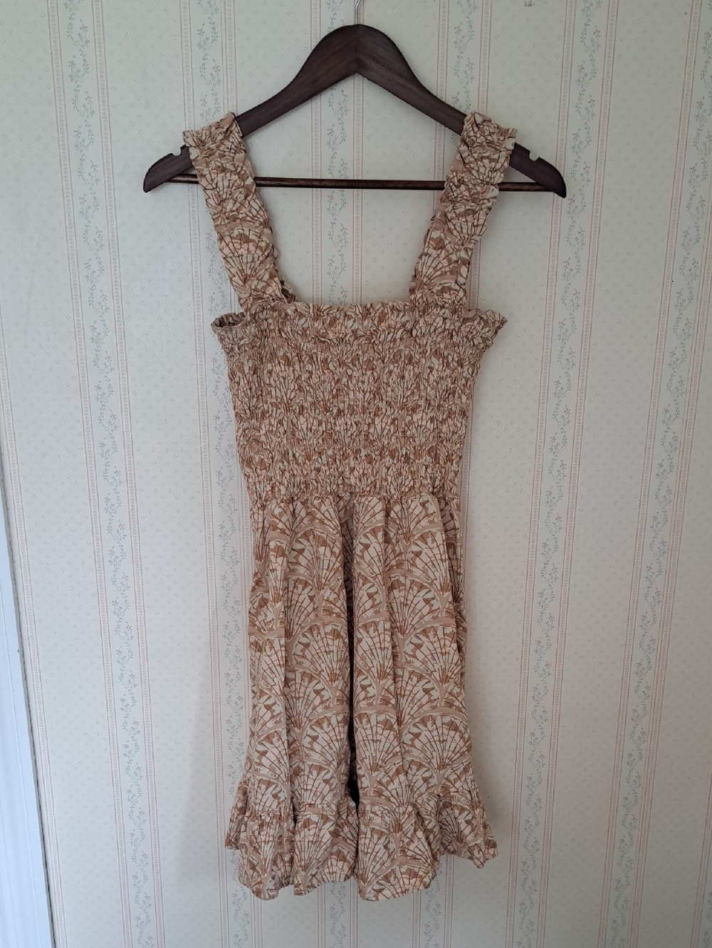 Madewell Lucie Smock Linen Blend Sun Dress with Tan And Pink Leaf Print - Size S - Picture 3 of 12